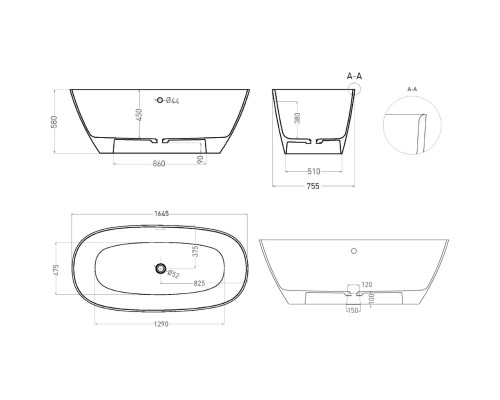 Ванна из литьевого мрамора Salini S-Sense Sofia Light 103711GF 164,5x75,5 см, отдельностоящая, покраска по RAL глянец полностью