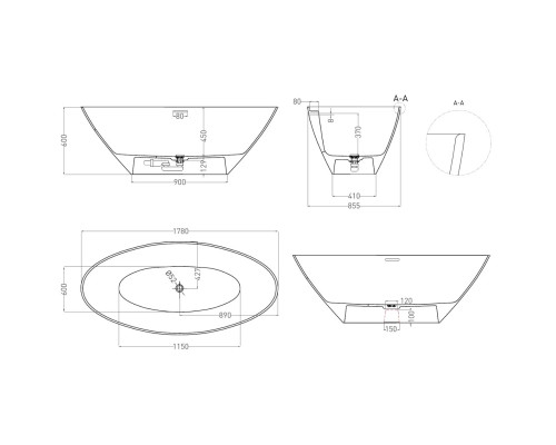 Ванна из литьевого мрамора Salini S-Sense Diva 102211GF 178x85,5 см, отдельностоящая, покраска по RAL глянец полностью
