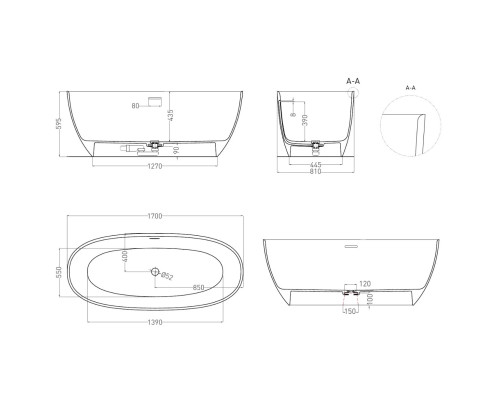 Ванна из литьевого мрамора Salini S-Stone Alda 101922MF 170x81 см, отдельностоящая, покраска по RAL матовый полностью