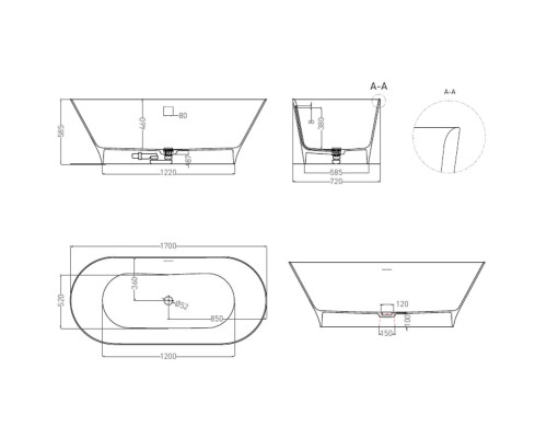 Ванна из литьевого мрамора Salini S-Sense Mona 102912GF 170x72 см, отдельностоящая, покраска по RAL глянец полностью