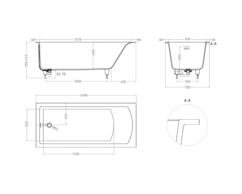 Ванна из литьевого мрамора Salini S-Sense Cascata Kit 104313GF 169,8x75 см, покраска по RAL глянец полностью