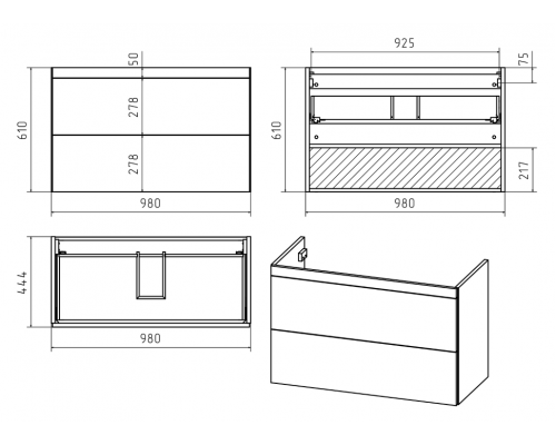 Заказать Атлантик -100 Тумба подвесная с 2 ящ. закруг. края серый камень в магазине сантехники Santeh-Crystal.ru