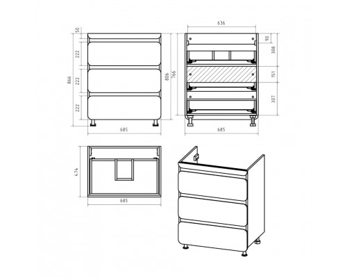 Заказать Чегет - 70 Тумба напольная 3 ящ. под стиральную машину, белая в магазине сантехники Santeh-Crystal.ru