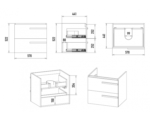 Купить Ненси - 60 Тумба подвесная 2 ящ белая мат. эмаль в магазине сантехники Santeh-Crystal.ru