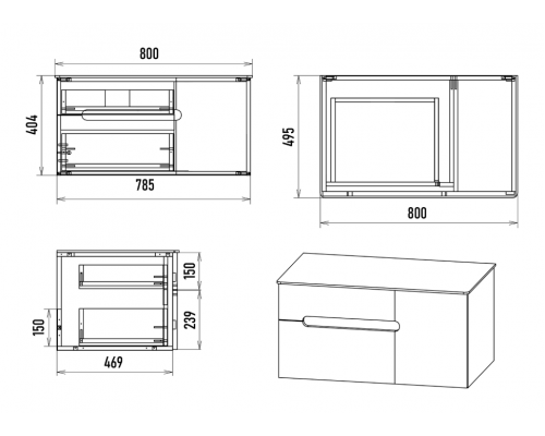 Приобрести Роял - 80 Тумба подвесная с 2 ящ. 1 дв. черный в магазине сантехники Santeh-Crystal.ru