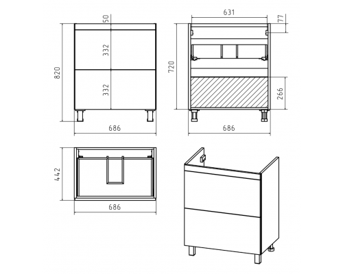 Заказать Атлантик - 70 Тумба напольная с 2 ящ. закруг. края серый камень / раковина в магазине сантехники Santeh-Crystal.ru