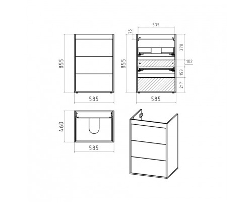 Приобрести GRAFIT - 60 Тумба напольная 3 ящ. Графит под стиральную машину / раковина Даллас 130 левая в магазине сантехники Santeh-Crystal.ru