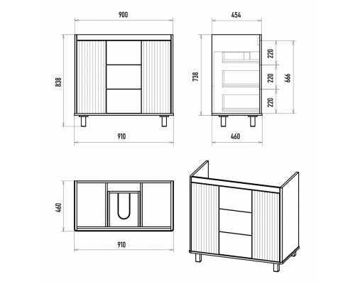 РИСАКА белая - 90 Тумба напольная 2 дв. 3 ящ. мат. эмаль / раковина