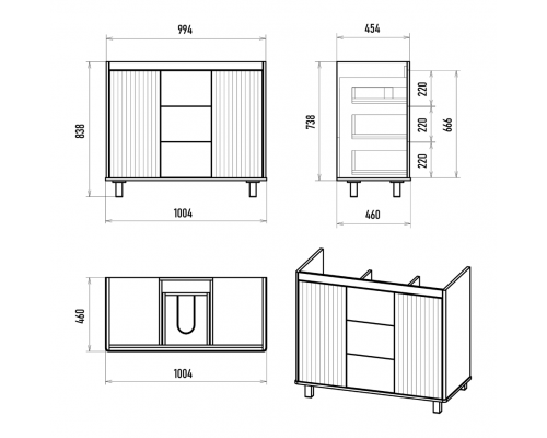 РИСАКА белая -100 Тумба напольная 2 дв. 3 ящ. мат. эмаль / раковина