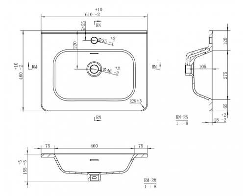 РИСАКА белая - 60 Тумба напольная 2 дв. 1 ящ. мат. эмаль / раковина