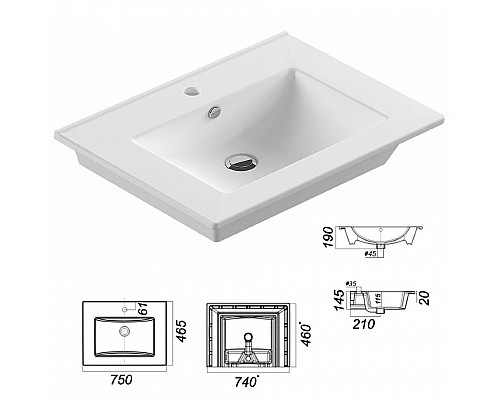 Приобрести Темза - 75 Тумба подвесная с 2 ящиком и нишей (цвет Сосна Пасадена) / раковина в магазине сантехники Santeh-Crystal.ru