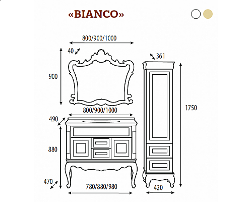 Приобрести Bianco - 90 Зеркало белое сусальное золото в магазине сантехники Santeh-Crystal.ru