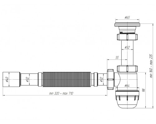 Сифон Ани 11/4 32 "Юнг" с гиб.тр. 32х32/40 для ванны (КЛЭР)