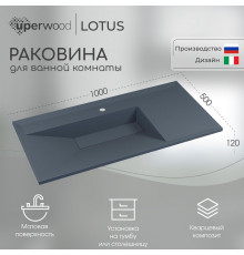 Раковина для ванной кварцевая Uperwood Lotus Quartz 100х50х13 см, серая матовая, бетон