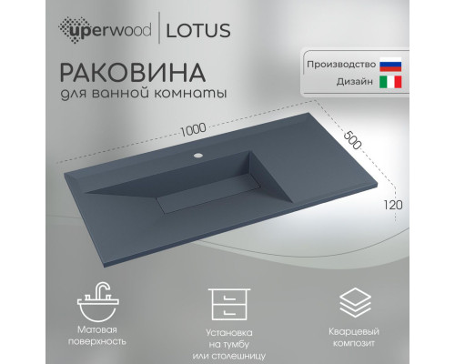 Раковина для ванной кварцевая Uperwood Lotus Quartz 100х50х13 см, серая матовая, бетон