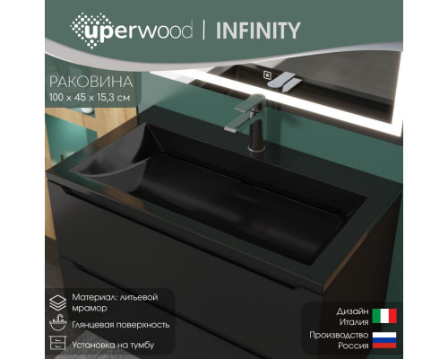 Раковина для ванной полувстраиваемая Uperwood Infinity 100х45х15,3 см, черная глянцевая