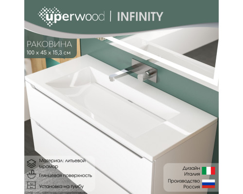 Раковина для ванной полувстраиваемая Uperwood Infinity 100х45х15,3 см, без отверстия для смесителя, белая глянцевая