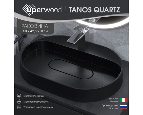 Раковина накладная кварцевая Uperwood Tanos Quartz 55х40х10 см, овальная, черная матовая, космос