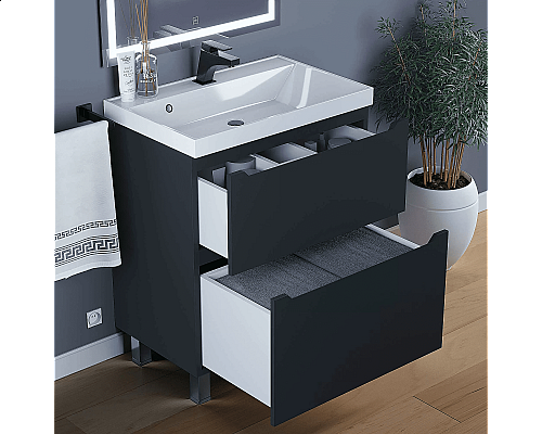 Приобрести Тумба под раковину для ванной комнаты Uperwood Tanos напольная (70 см, черная, 2 ящика) в магазине сантехники Santeh-Crystal.ru