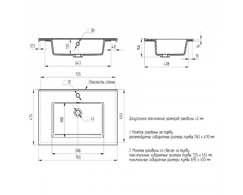 Раковина для ванной полувстраиваемая Uperwood Parma Premium 75 см, белая глянцевая