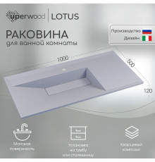Раковина для ванной кварцевая Uperwood Lotus Quartz 100х50х13 см, белая матовая, жасмин