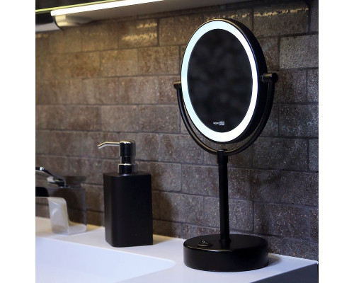 Приобрести Косметическое зеркало WasserKRAFT K-1005BLACK с подсветкой с увеличением Черное матовое в магазине сантехники Santeh-Crystal.ru