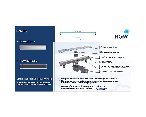 Купить Душевой лоток RGW SDR-20B 47212080-04 с Черной решеткой в магазине сантехники Santeh-Crystal.ru