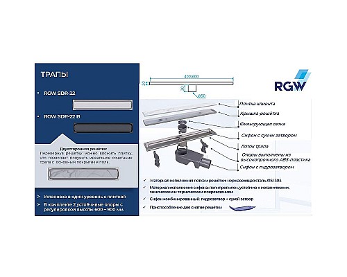 Купить Душевой лоток RGW SDR-22 47212260-01 с двухсторонней решеткой в магазине сантехники Santeh-Crystal.ru