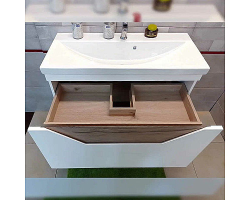 Заказать Тумба под раковину Бриклаер Брайтон 100 4627125415760 подвесная Белая матовая Дуб Кера в магазине сантехники Santeh-Crystal.ru