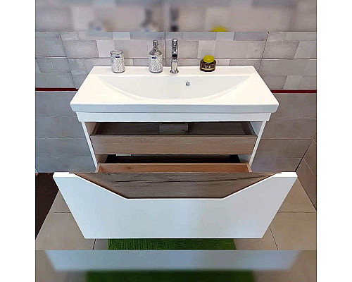 Заказать Тумба под раковину Бриклаер Брайтон 100 4627125415760 подвесная Белая матовая Дуб Кера в магазине сантехники Santeh-Crystal.ru