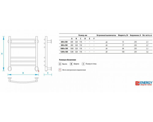 Купить Электрический полотенцесушитель Energy Ergo 1000x500 EETR0ERGO1005000000 Хром в магазине сантехники Santeh-Crystal.ru
