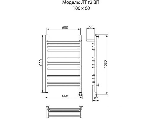 Заказать Электрический полотенцесушитель Ника Trapezium ЛТ (Г2) ВП 100/60 с полкой Хром в магазине сантехники Santeh-Crystal.ru