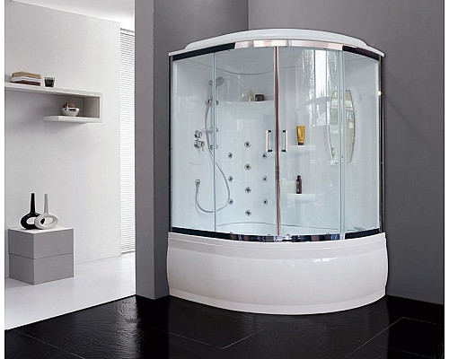 Приобрести Душевой бокс Royal Bath ALP 150x100 RB150ALP-T-CH-L с гидромассажем стекло прозрачное задние стенки Белые в магазине сантехники Santeh-Crystal.ru