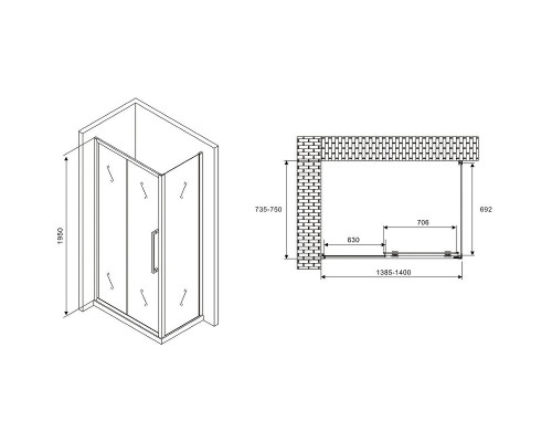 Купить Душевой уголок Abber Schwarzer Diamant 140x75 AG30140H-S75 профиль Хром стекло прозрачное в магазине сантехники Santeh-Crystal.ru