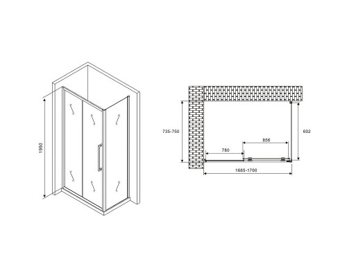 Заказать Душевой уголок Abber Schwarzer Diamant 170x75 AG30170H-S75 профиль Хром стекло прозрачное в магазине сантехники Santeh-Crystal.ru