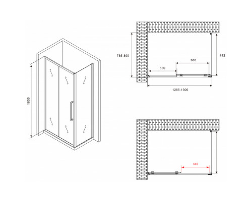 Душевой уголок Abber Schwarzer Diamant 130x80 AG30130BMH-S80BM профиль Черный стекло матовое