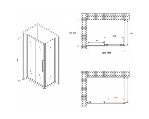 Душевой уголок Abber Schwarzer Diamant 170x80 AG30170BMH-S80BM профиль Черный стекло матовое