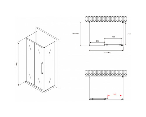 Душевой уголок Abber Schwarzer Diamant 150x80 AG30150BMH-S80BM-S80BM профиль Черный стекло матовое