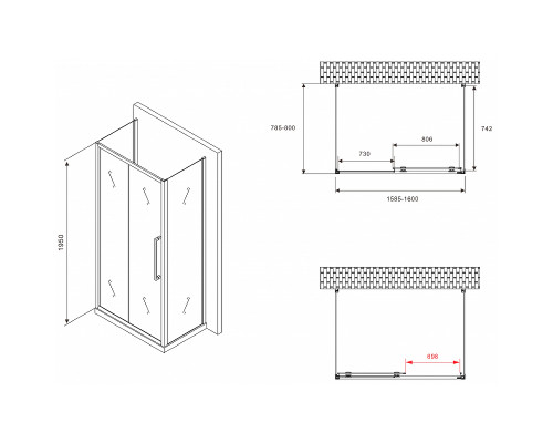 Душевой уголок Abber Schwarzer Diamant 160x80 AG30160BMH-S80BM-S80BM профиль Черный стекло матовое