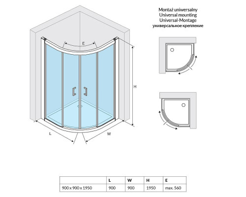Купить Душевой уголок Excellent 600 90х90 KAAC.1901.900.LP профиль Хром стекло прозрачное в магазине сантехники Santeh-Crystal.ru