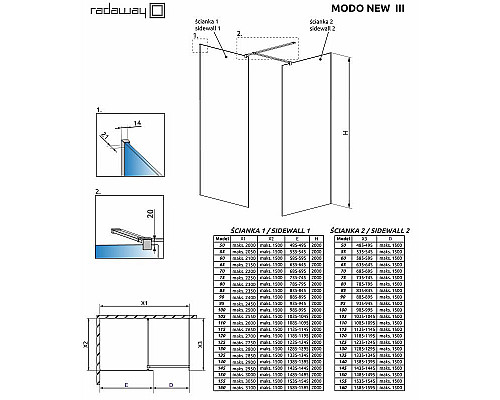 Купить Душевая перегородка Radaway Modo New II 50 389054-01-01 профиль Хром стекло прозрачное в магазине сантехники Santeh-Crystal.ru
