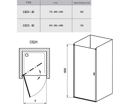 Приобрести Душевая дверь Ravak Chrome CSD1-90 0QV70C00Z1 профиль Хром стекло Transparent в магазине сантехники Santeh-Crystal.ru