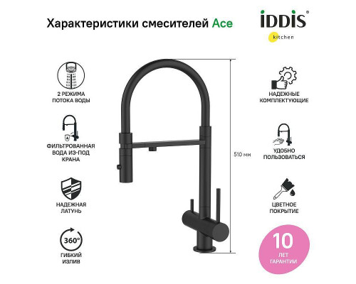 Заказать Смеситель для кухни Iddis Ace ACEBLFFi05 Черный матовый в магазине сантехники Santeh-Crystal.ru