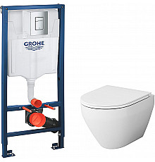 Комплект унитаза AM.PM Spirit FlashClean C701700WH + C707857WH с инсталляцией Grohe Rapid SL 38772001 с сиденьем Микролифт и клавишей смыва Хром