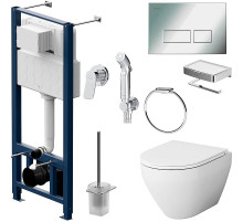 Комплект унитаза с инсталляцией AM.PM Spirit V2.0 CK70HA с сиденьем Микролифт с клавишей смыва Хром с гигиеническим душем и аксессуарами для ванной к