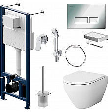 Комплект унитаза с инсталляцией AM.PM Spirit V2.0 CK70HA с сиденьем Микролифт с клавишей смыва Хром с гигиеническим душем и аксессуарами для ванной к
