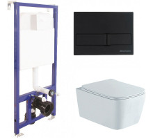 Комплект унитаза Aquatek Либра New AQ1148N-00 с инсталляцией Berges Novum L5 040215 с сиденьем Микролифт и Черной матовой клавишей смыва