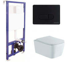 Комплект унитаза Aquatek Либра New AQ1148N-00 с инсталляцией Berges Novum D5 040235 с сиденьем Микролифт и Черной матовой клавишей смыва