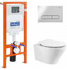 Комплект унитаза с инсталляцией BelBagno Acqua BB340CHR/BB2020SC/BB002-80/BB005-PR-CHROME с сиденьем Микролифт и клавишей смыва Хром глянцевый