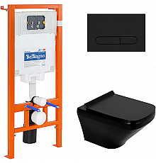 Комплект унитаза с инсталляцией BelBagno Sela BB3201CHR-MB/BB3201SC-MB/BB002-80/BB007-PR-NERO.M с сиденьем Микролифт и Черной матовой клавишей смыва